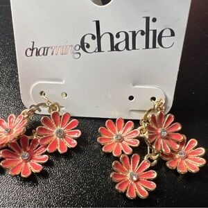 Charming Charlie Daisy Flower Red Enamel Petals Rhinestone Gold Tone Earrings